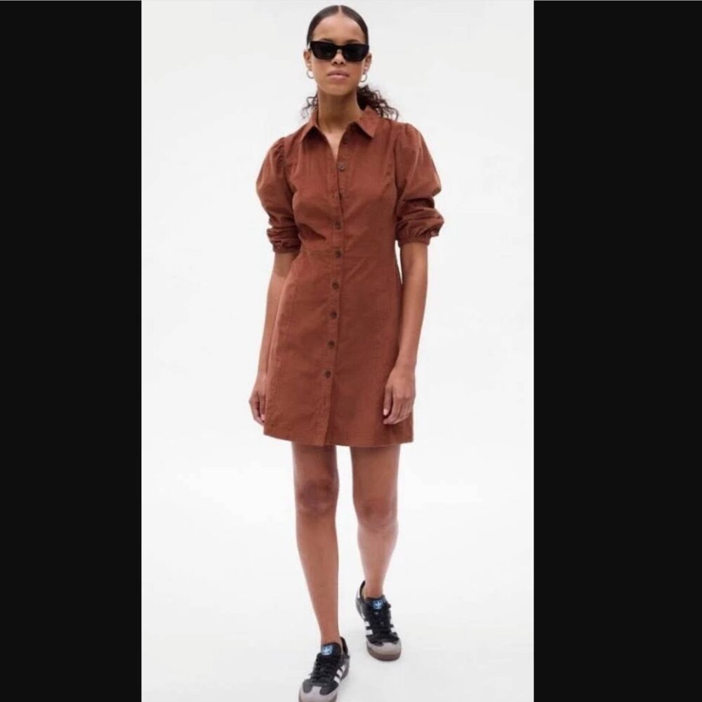 Gap Dress Womens Medium Brown Corduroy Henley Shift Mini Puff Sleeve Tunic Shirt